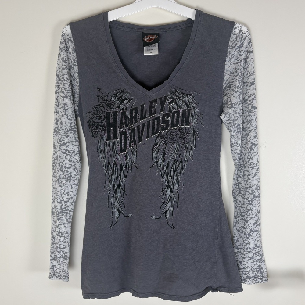 Harley Davidson Womens Vneck Long Sleeve Wings Shirt Pattern Sheer Sleeves Med